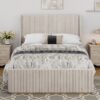 King Size Luxurious Corduroy Upholstered Bed Frame With Vertical Stripe Wingback Headboard And High Footboard - Light Gray - Image 6