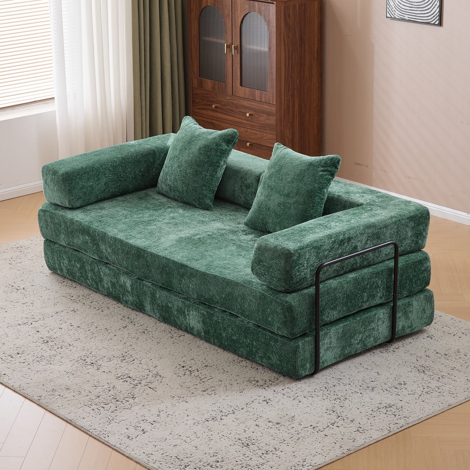 Floor Couch, Compression Sofa, Convertible Floor Sofa Bed & Pillow Back Support Armrest - Dark Green - Image 4