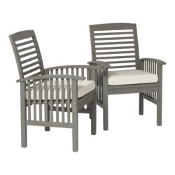 Modern 2 Piece Slat Back Patio Chairs With Cushions - Gray Wash
