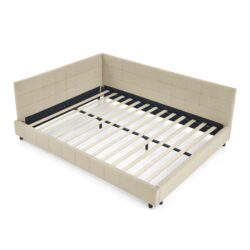 Mid Century Upholstered Tufted Queen Bed Frame With Backrest And Armrests - Beige