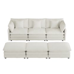 Modern Sofa Modular Sofa Couch Upholstered Corduroy Sectional Sofa With Side Storage Pockets And 3 Movable Ottomans For Living Room - Beige