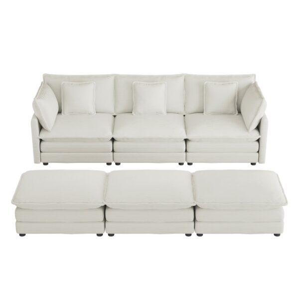 Modern Sofa Modular Sofa Couch Upholstered Corduroy Sectional Sofa With Side Storage Pockets And 3 Movable Ottomans For Living Room - Beige