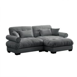 Modern Velvet 2 Seater Sofa With Ottoman And Round Bolster Armrests L Shape For Living Room - Gray