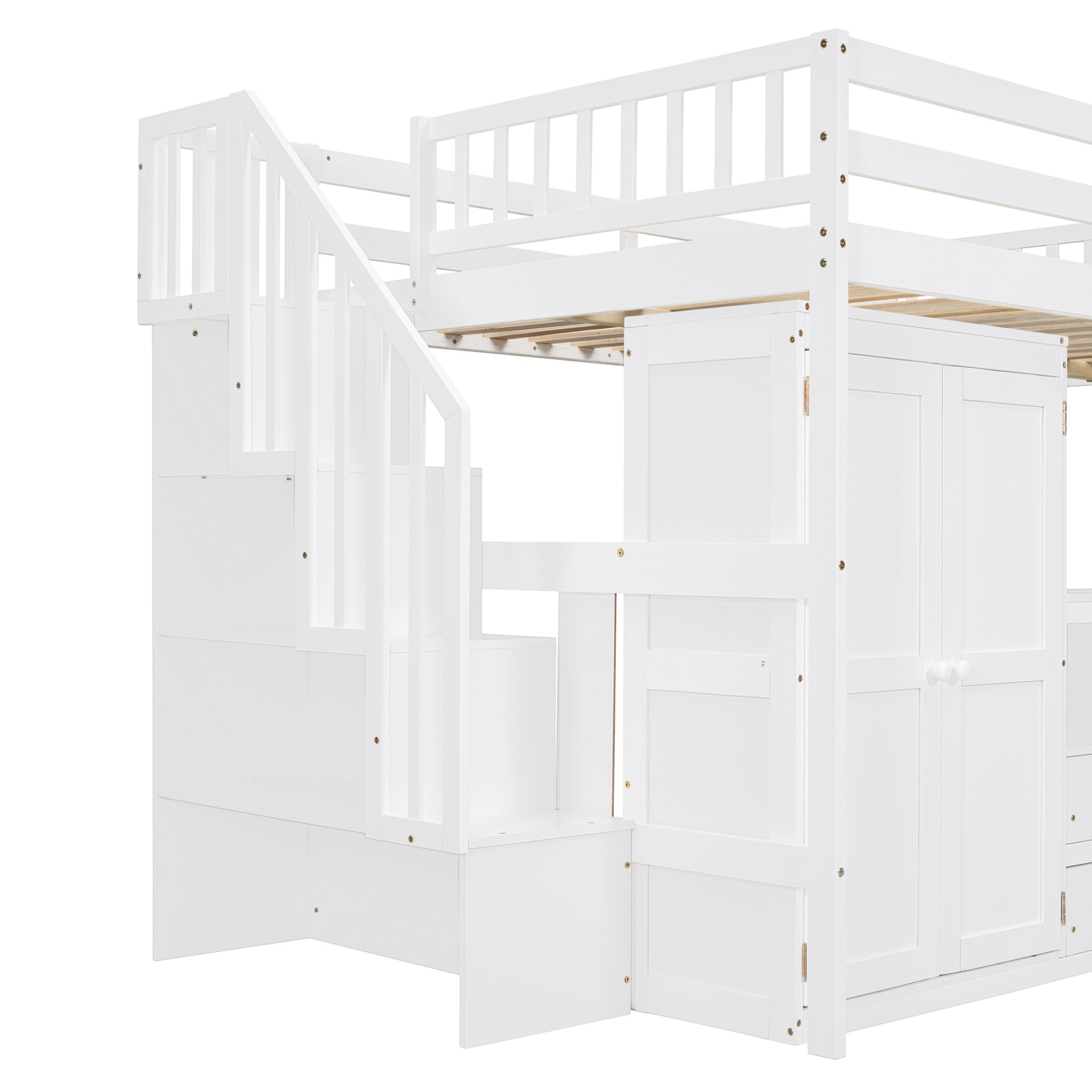 Full Size Loft Bed With Stairs, Bookshelf, Drawers, Desk & Wardrobe, Space Saving Multifunctional Furniture - White - Image 15