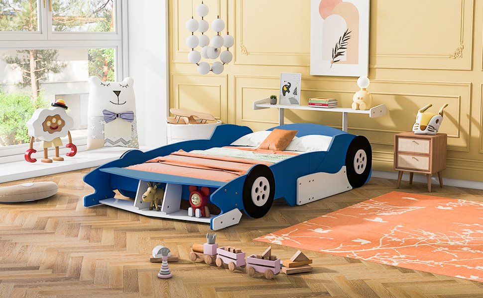 Full Size Race Car Shaped Platform Bed With Wheels - Blue - Image 15