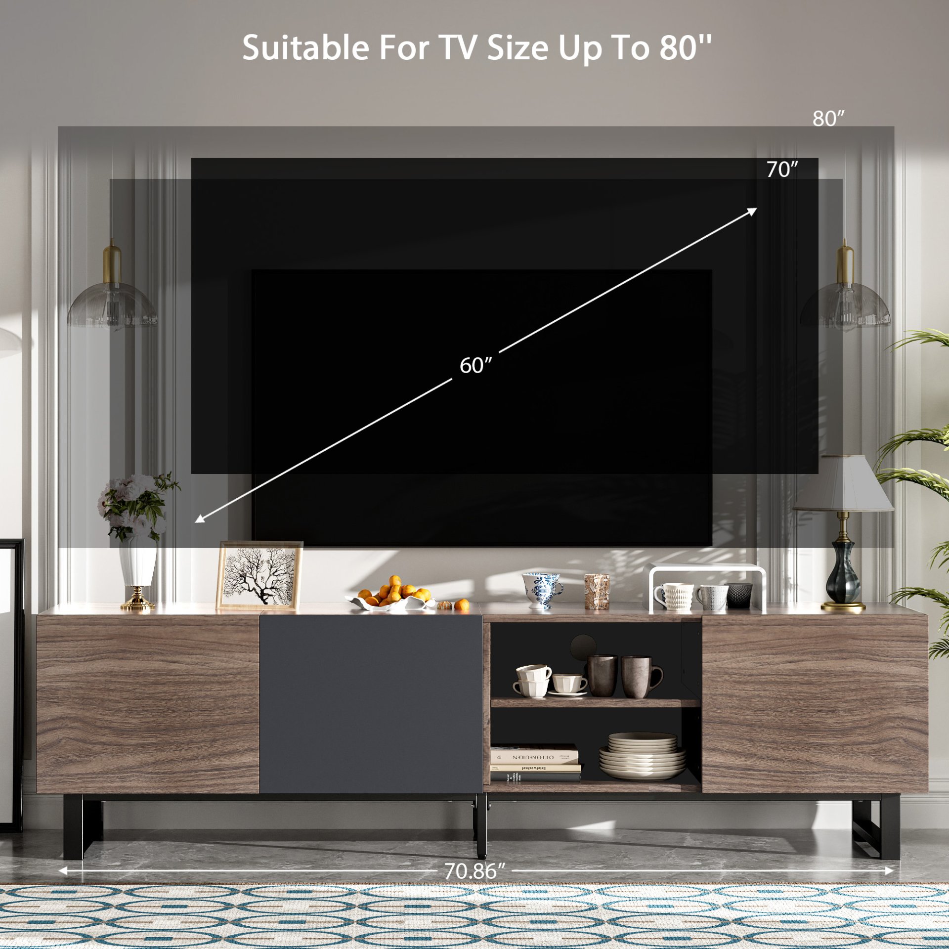 Modern TV With 3 Cabinets & Open Shelves, Color-Matching Media Console Table For Tvs Up To 80'', Entertainment Center With Drop Down Door For Living Room - Dark Brown - Image 8