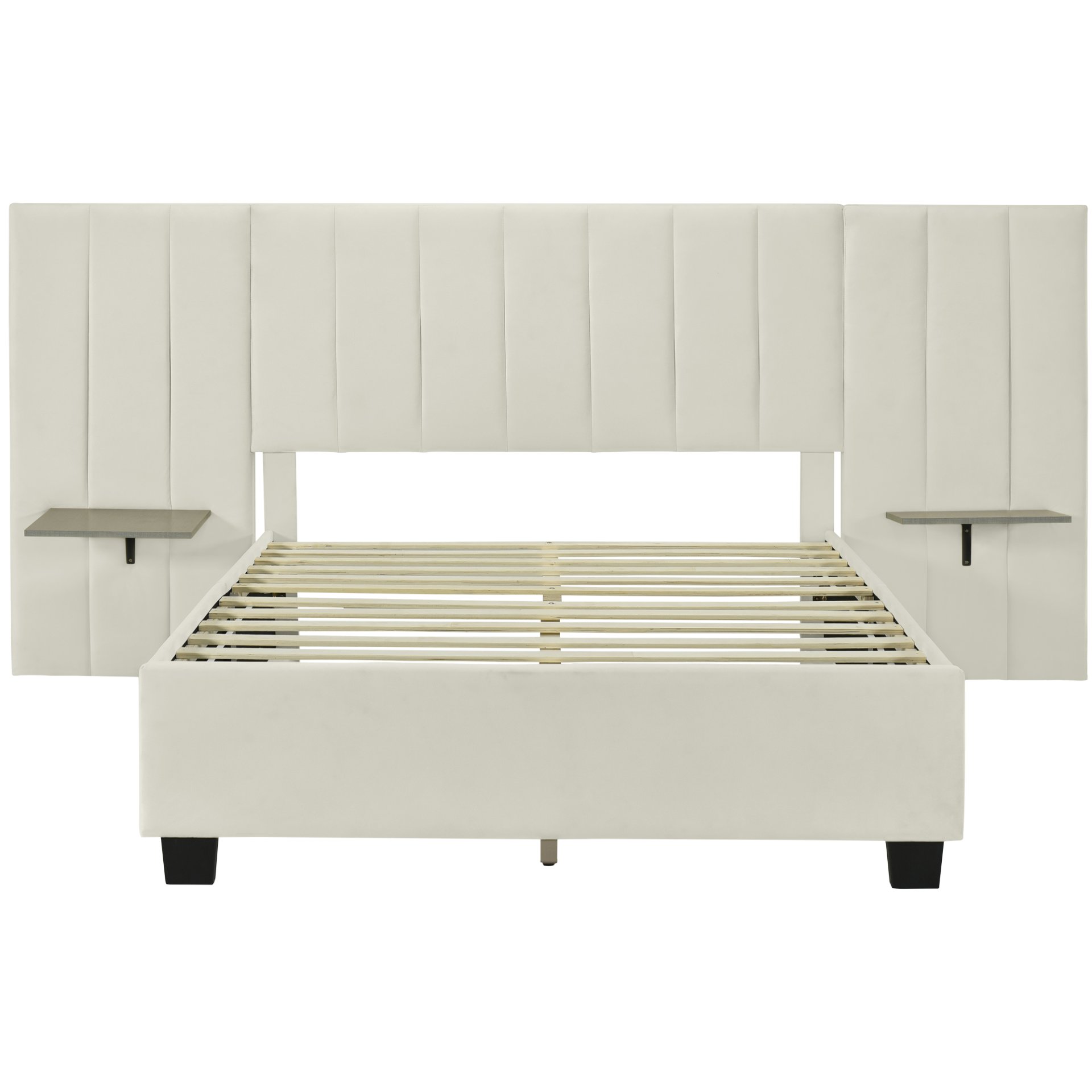 Full Size Upholstered Platform Bed With Big Headboard - Beige - Image 4