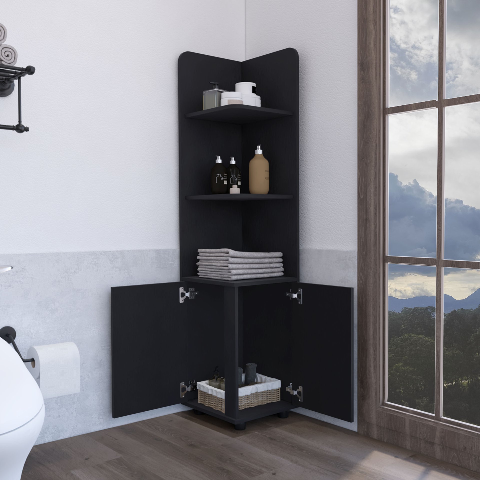 Corner Cabinet Tall With 3 Tier Shelf And 2 Door - Black - Image 4