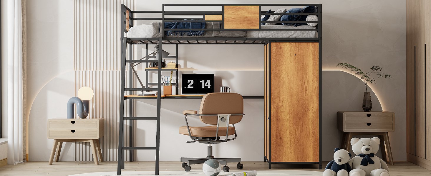 Twin Size Loft Bed With L Shape Desk And Wardrobe - Black - Image 23