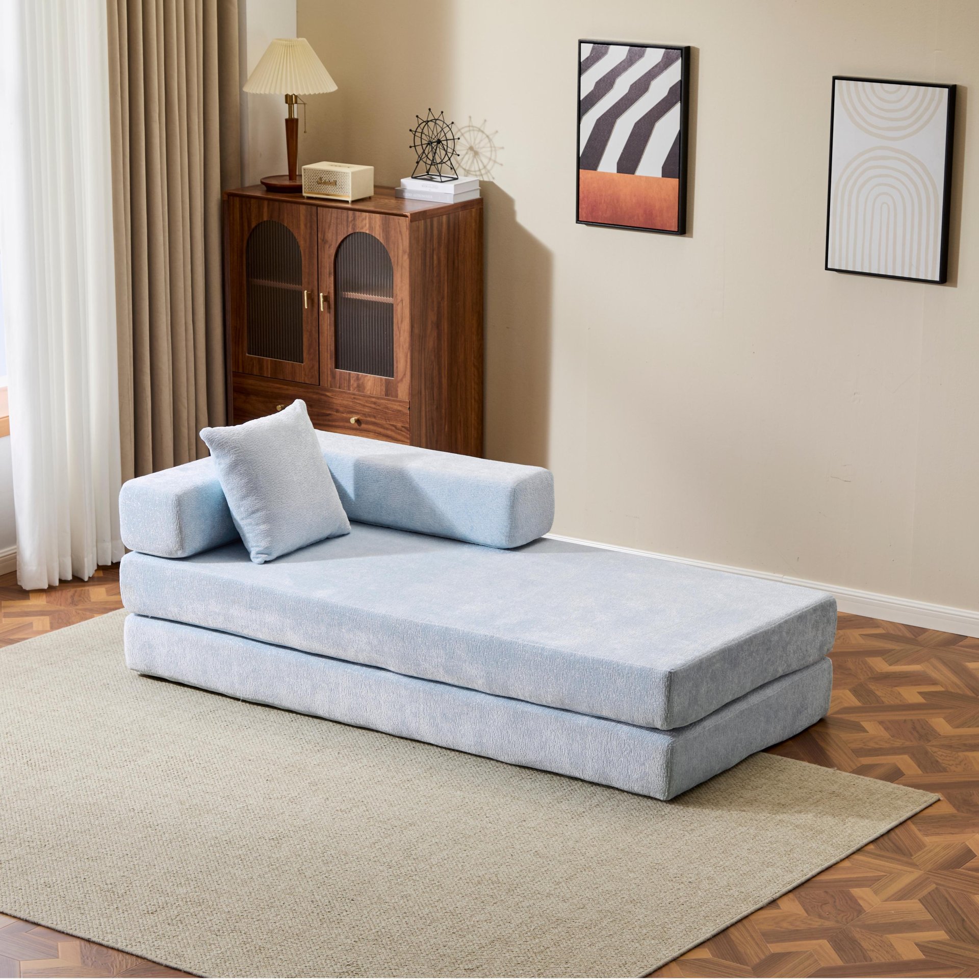 Floor Couch, Compression Sofa, Convertible Floor Sofa Bed With Pillow Back Support Armrest - Light Blue - Image 14