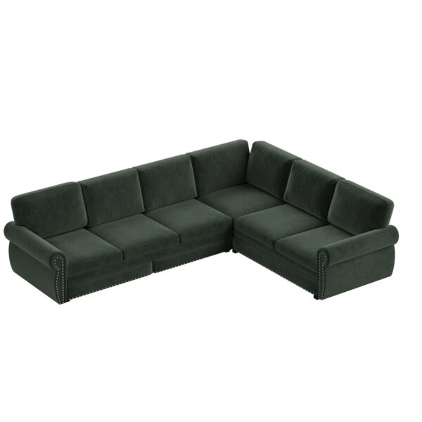 L-Shaped Sofa Couch With Pull Out Bed With Nailhead Trim & Rolled Arm, Sectional Couches, For Living Room - Green
