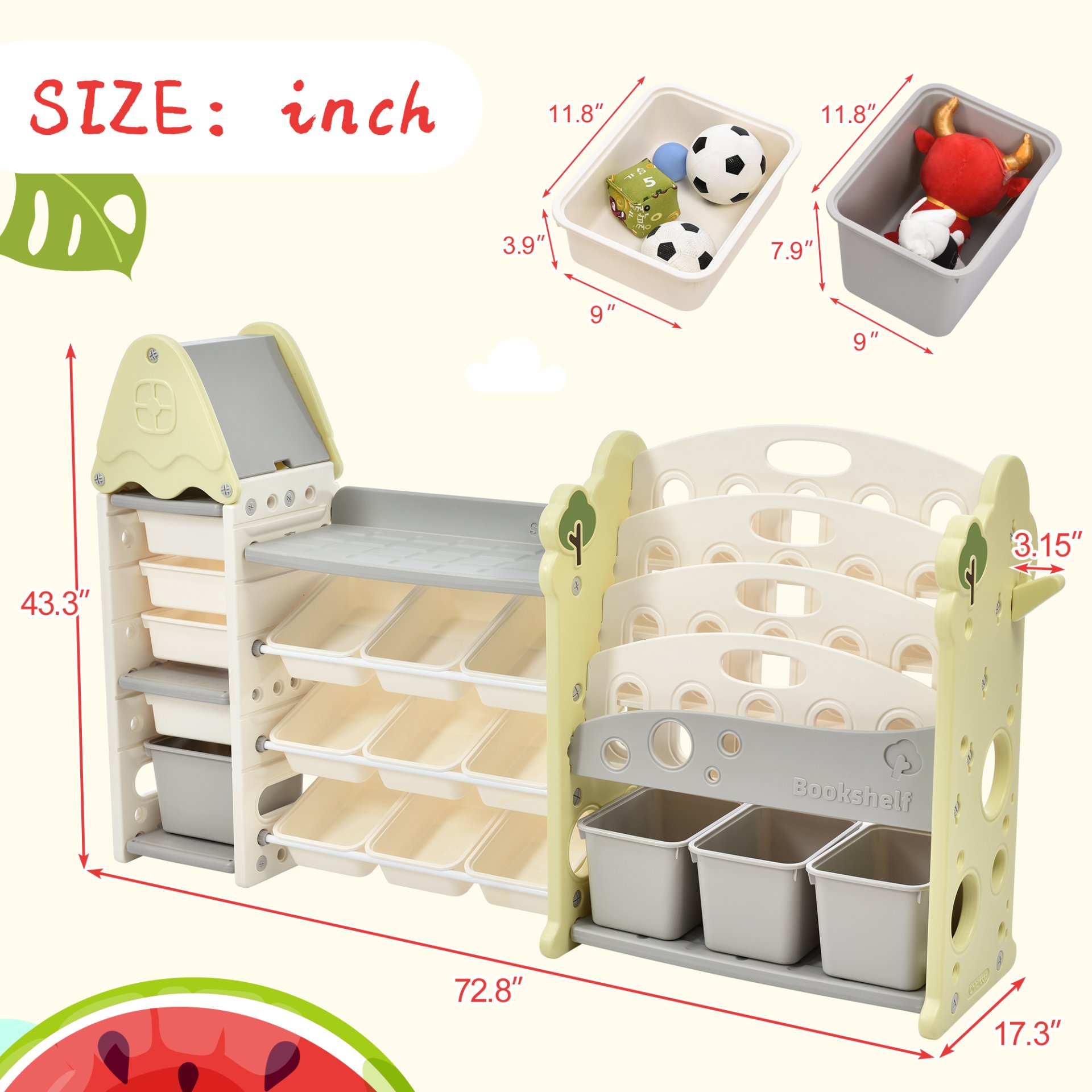 Kids Bookshelf Toy Storage Organizer With 17 Bins And 5 Bookshelves, Multi-Functional Nursery Organizer Kids Furniture Set Toy Storage Cabinet Unit With HDPE SheLF And Bins - Light Green - Image 3