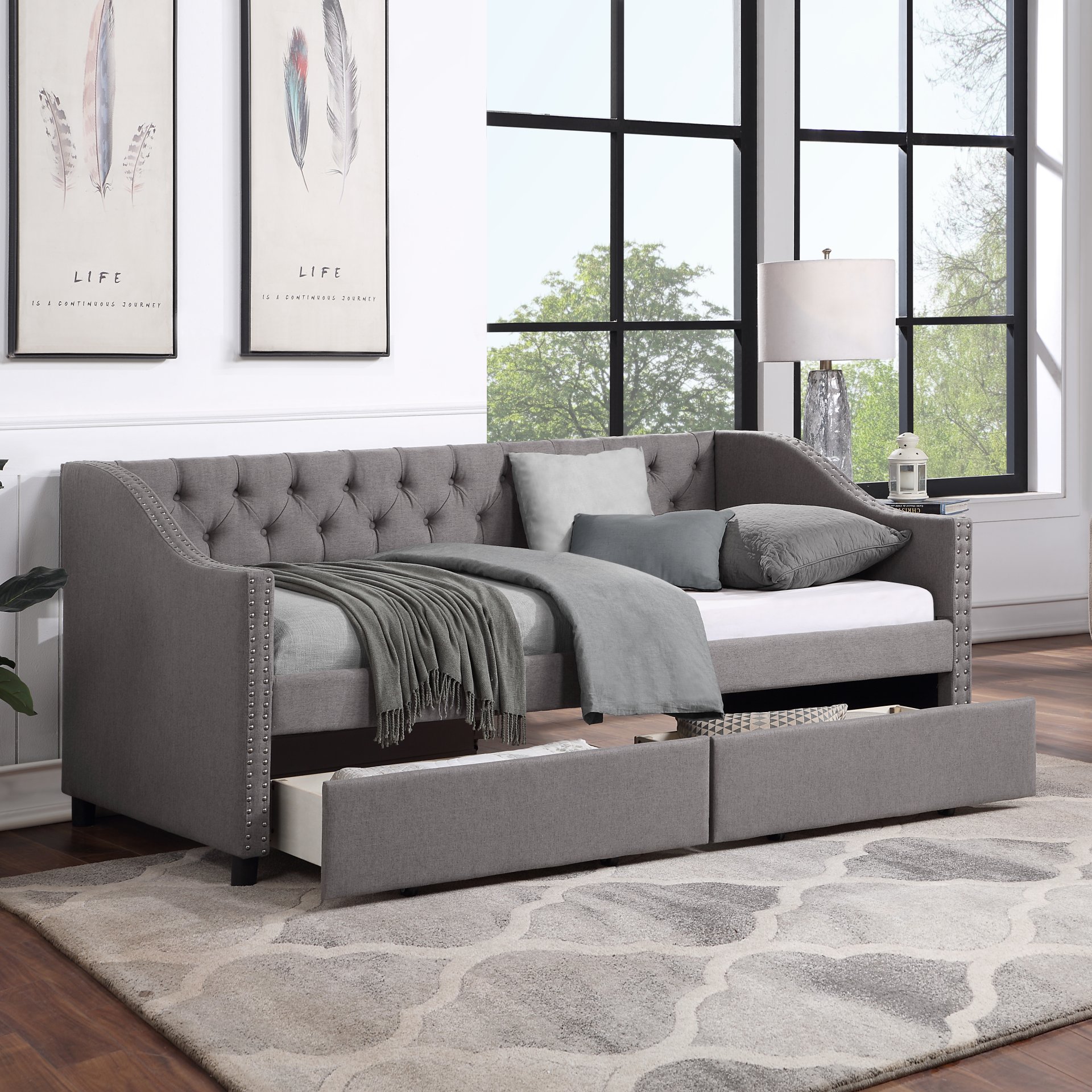 Twin Size Upholstered Daybed With Two Drawers, Slat Support - Gray - Image 2