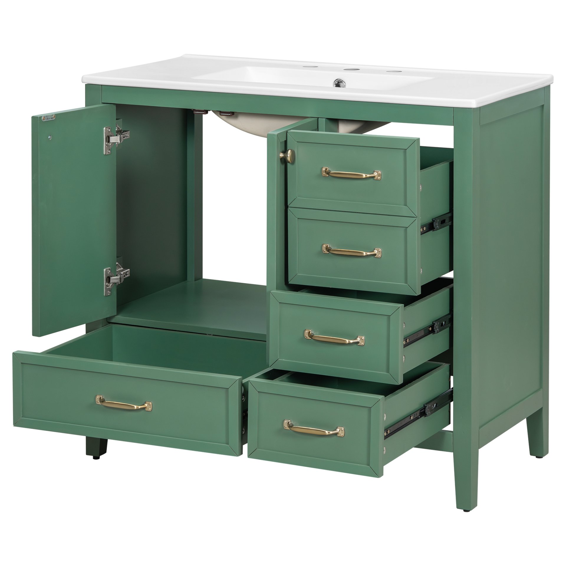 Elegant Vintage 36" Bathroom Vanity With Sink And Soft Closing Door, 4 Drawers Of Different Sizes Frame - Green - Image 18