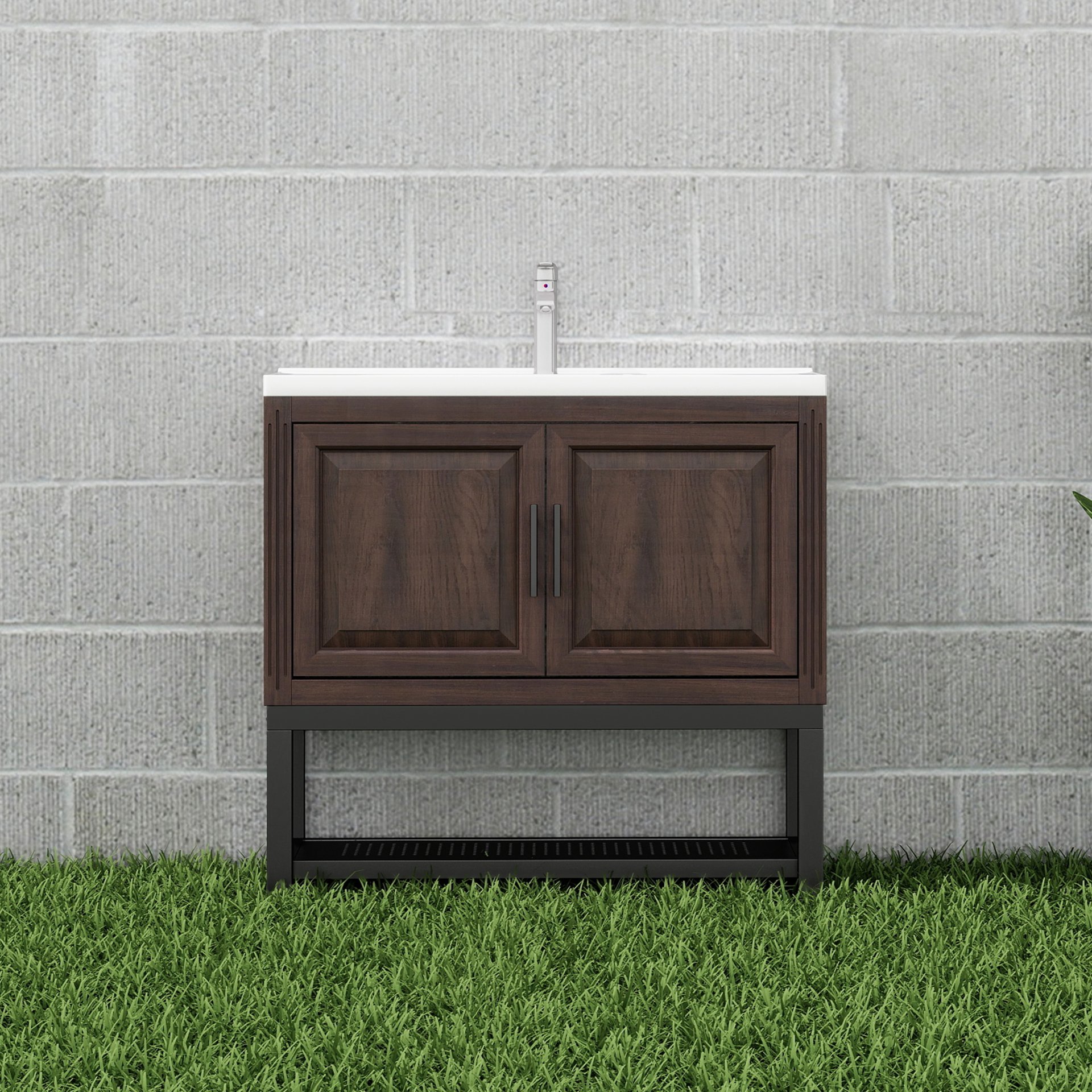 Modern Freestanding 36" Bathroom Vanity With Ceramic Sink, Hot And Cold Faucet, 2 Door Cabinet & Open Iron Shelf - Walnut - Image 2