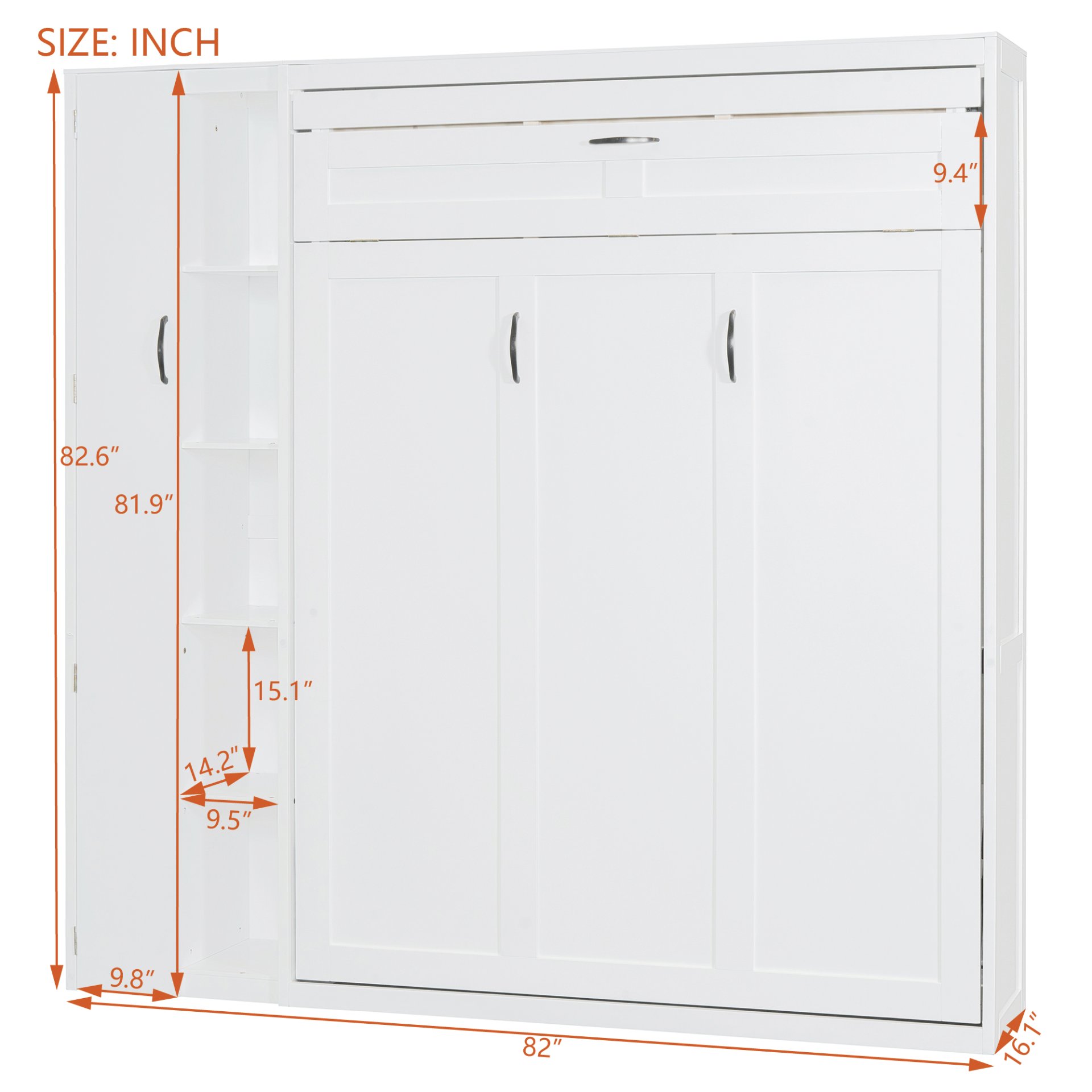 Full Size Murphy Wall Bed With Shelves, Wardrobe And LED Lights - White - Image 4