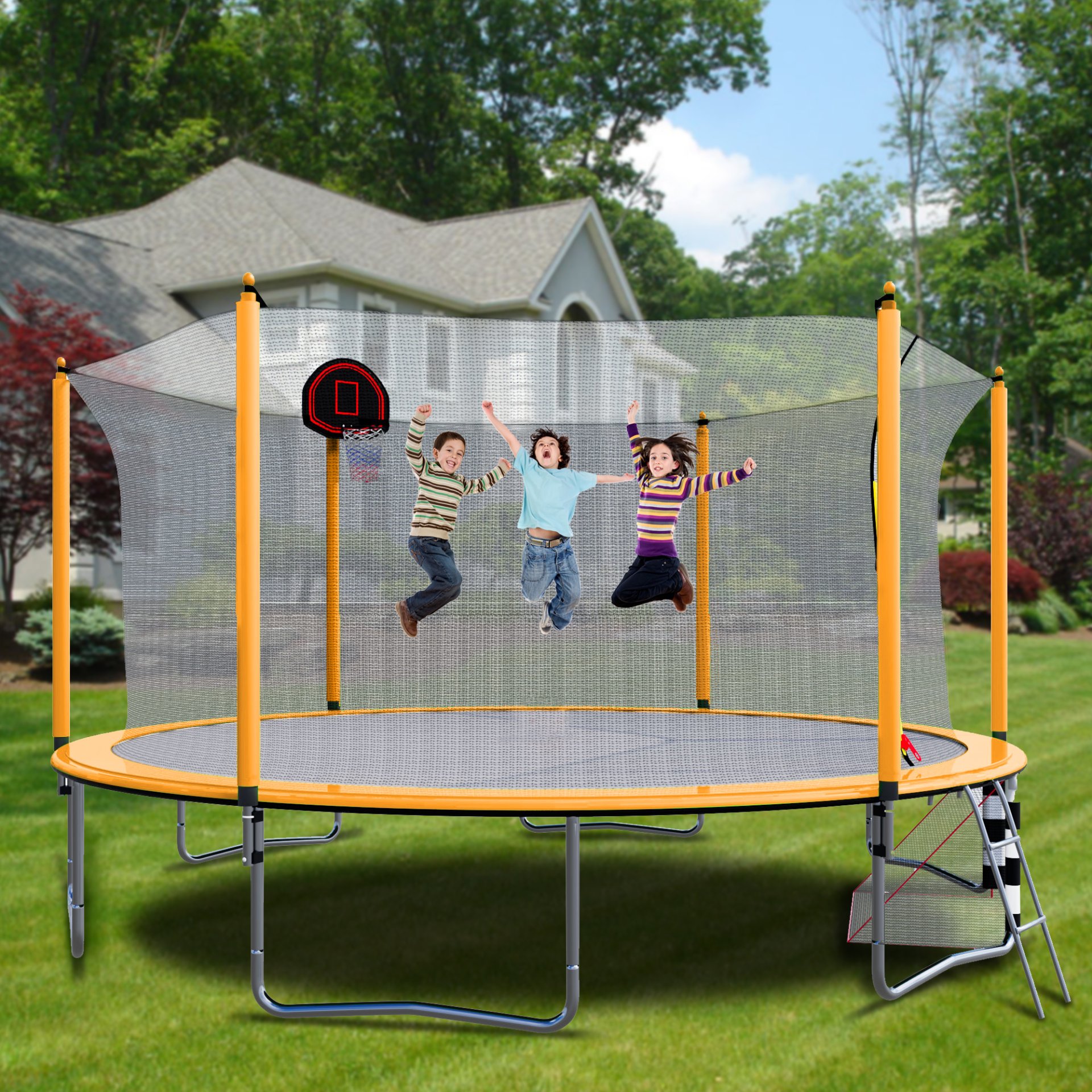 16Ft Trampoline With Basketball Hoop Pump And Ladder (Inner Safety Enclosure) With Soccer Goal - Orange - Image 2