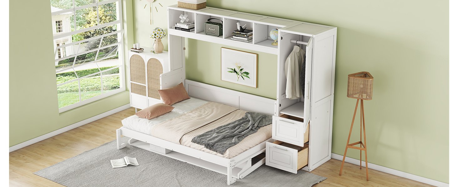 Full Size Murphy Wall Bed With Closet And Drawers - White - Image 23