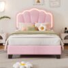 Twin Size Upholstered Flower-Shape Bed, Elegant Flowers Headboard With LED Light Strip, Sherpa Fabric Platform Bed With Slats Support - Pink - Image 15