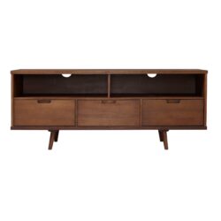 Mid Century Modern 3 Drawer 58" TV Stand For 65" TVs With 2 Open Cubbies - Walnut