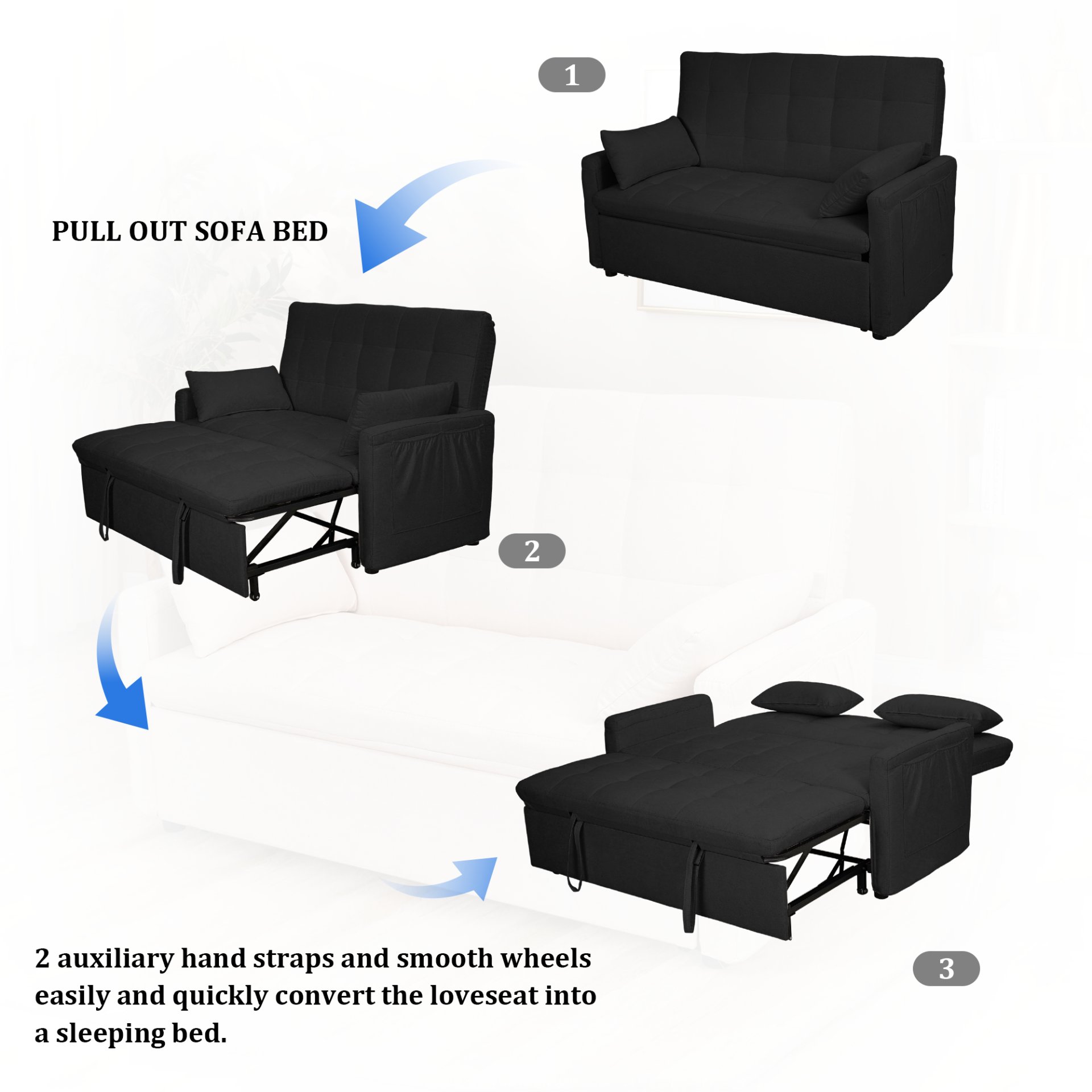 Balus - 2 In 1 Convertible Sofa Bed With Storage And Adjustable Backrest - Black - Image 9