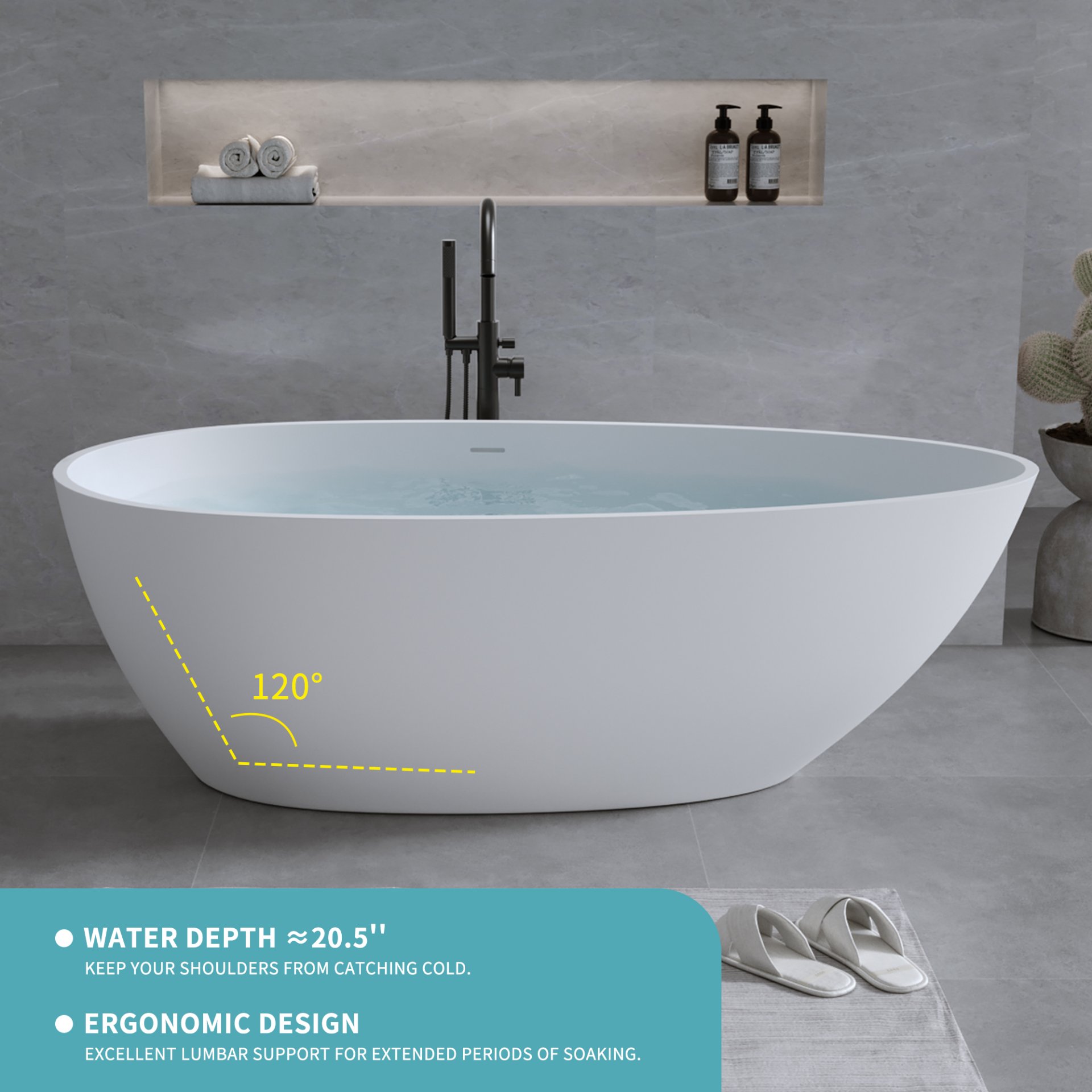 Solid Surface Matte Tub, Freestanding Solid Surface Resin Stone Bathtub, Solid Surface Matte White Soaking Tub, Free Standing Tub With Overflow And Pop-Up Drain - Matte White - Image 4