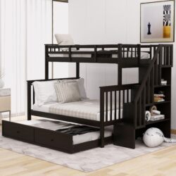 Twin Over Full Bunk Bed With Twin Size Trundle, Storage And Guard Rail For Bedroom - Espresso