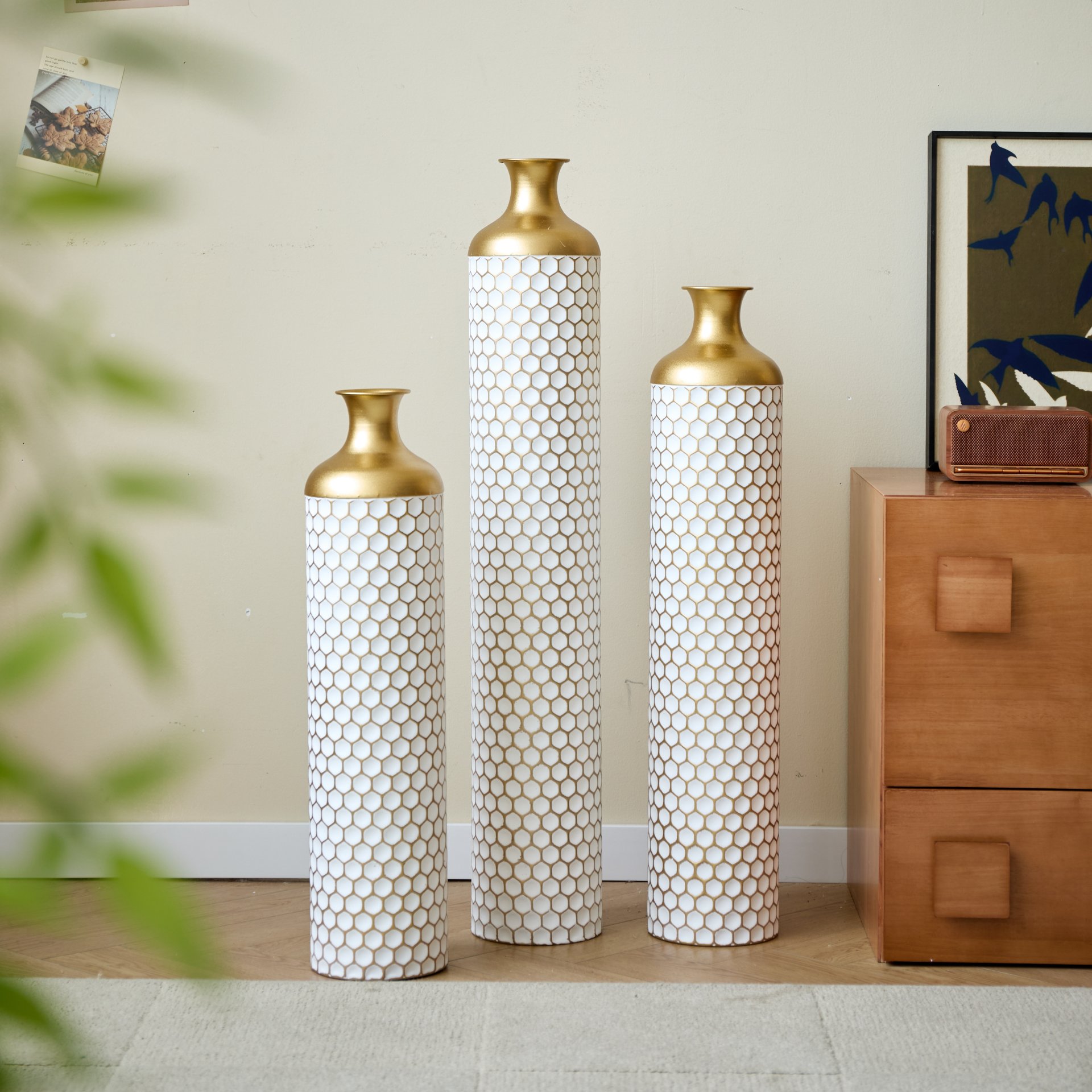 3 Piece Set Gorgeous Home Decoration Large Glazed Floor Vase Decoration Home Droplet Shaped - Gold / White - Image 20
