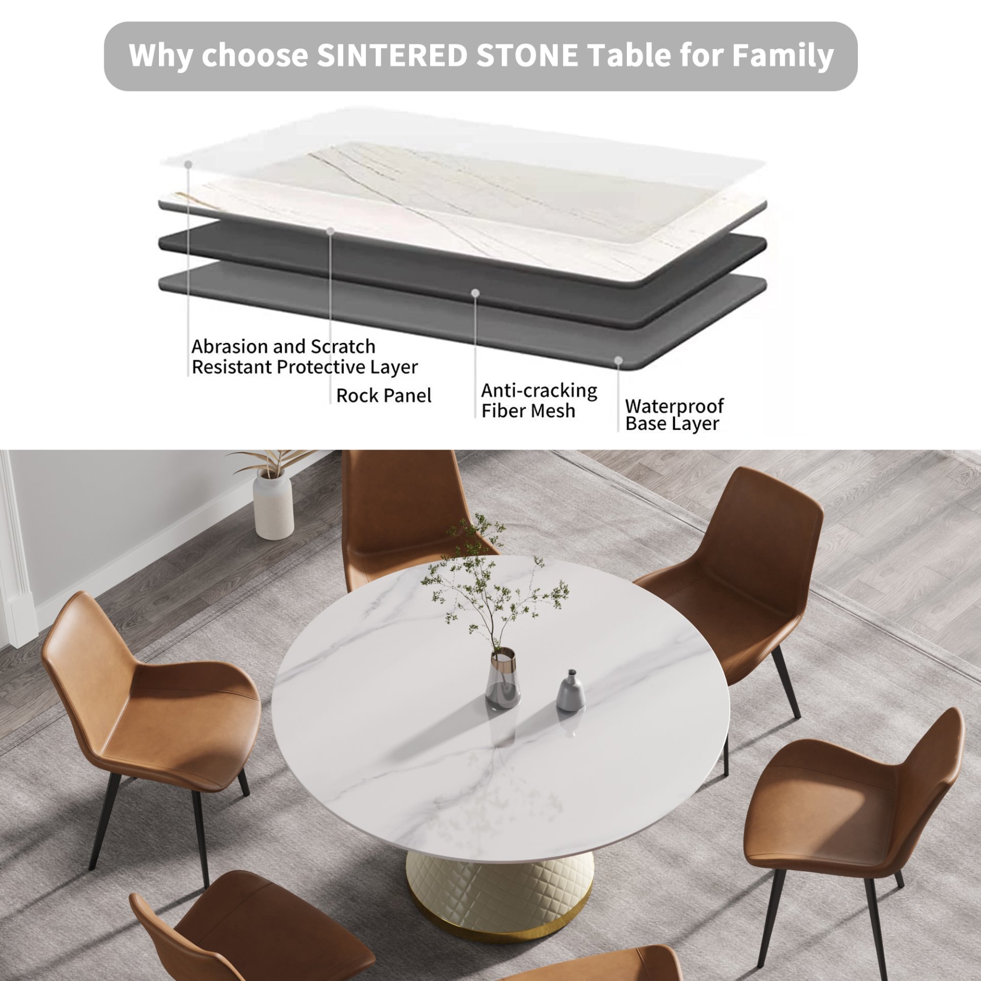 53.15" Modern Artificial Stone Round Carbon Steel Base Dining Table, Can Accommodate 6 People - White - Image 5