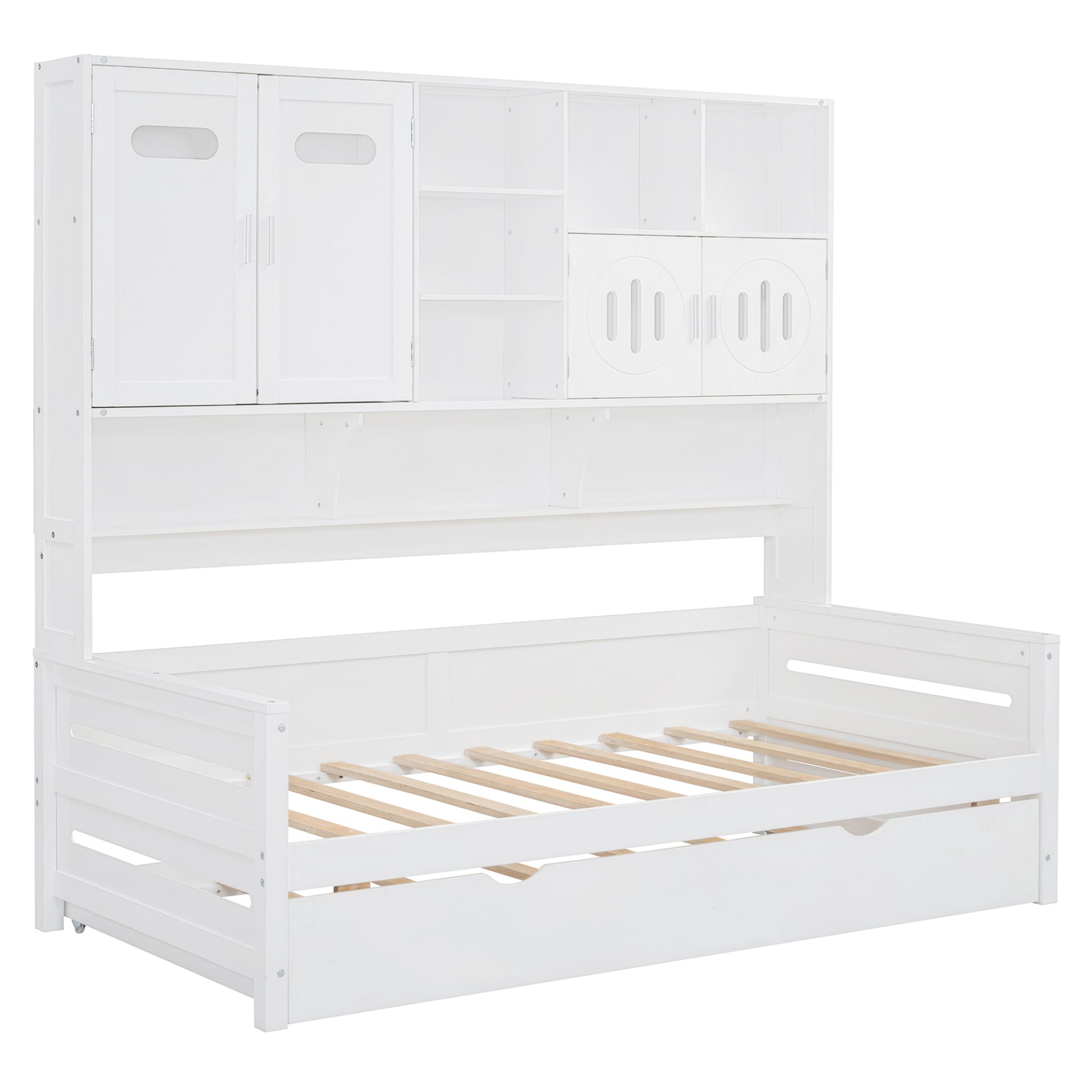 Twin Size Wooden Daybed With Twin Size Trundle, And All In One Cabinet And Shelf - White - Image 5