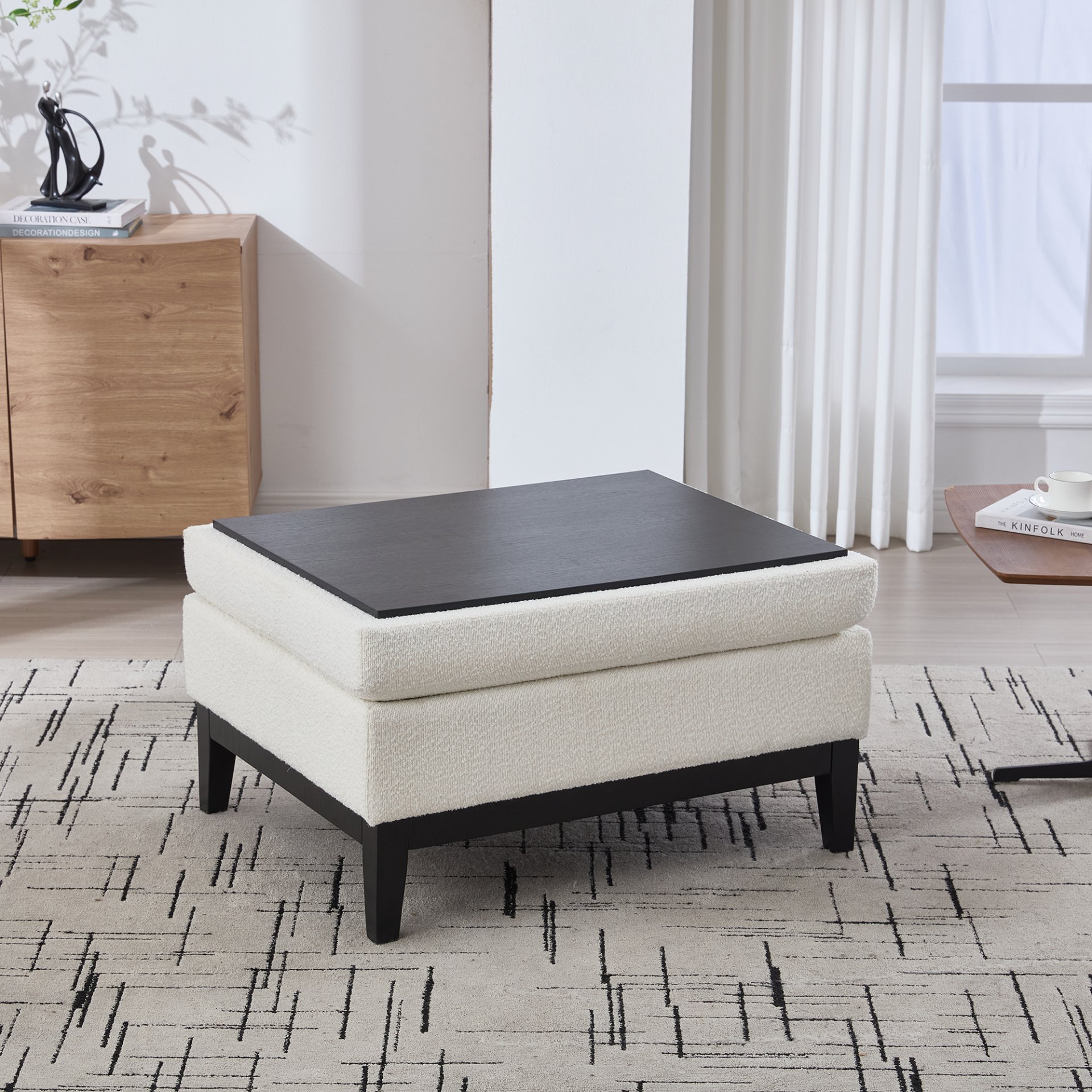Upholstered Wood Base Storage Ottoman With Reversible Lid Coffee Table, Foot Stool Square Footrest With Rubberwood Legs For Living Room Bedroom Entryway And Office - Ivory - Image 8