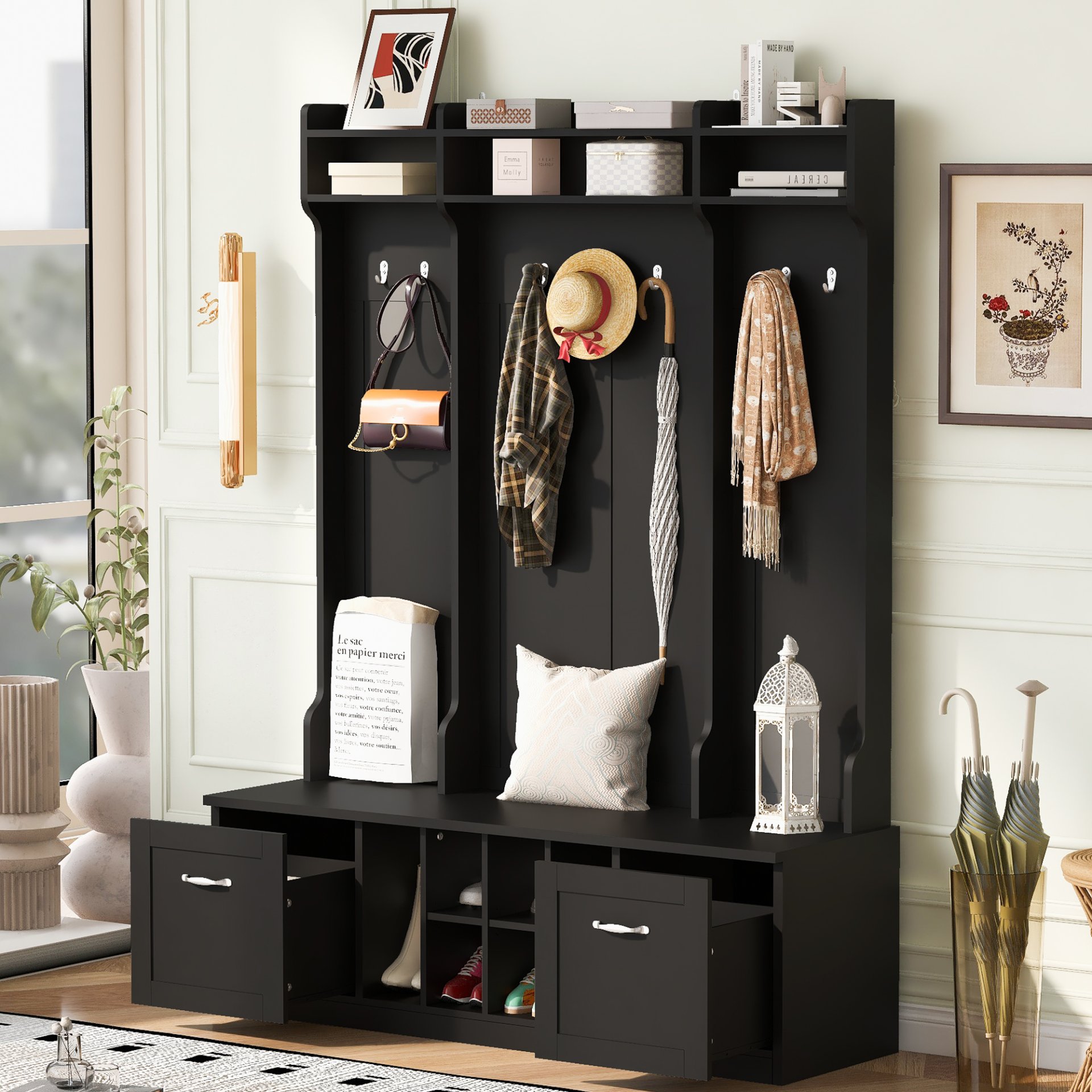 5 In 1 Entryway Bench With Coat Rack, 7 Sturdy Hooks, 2 Spacious Drawers And Adjustable Shelves, Wide Hall Tree With Metal Handles For Hallway - Black - Image 3