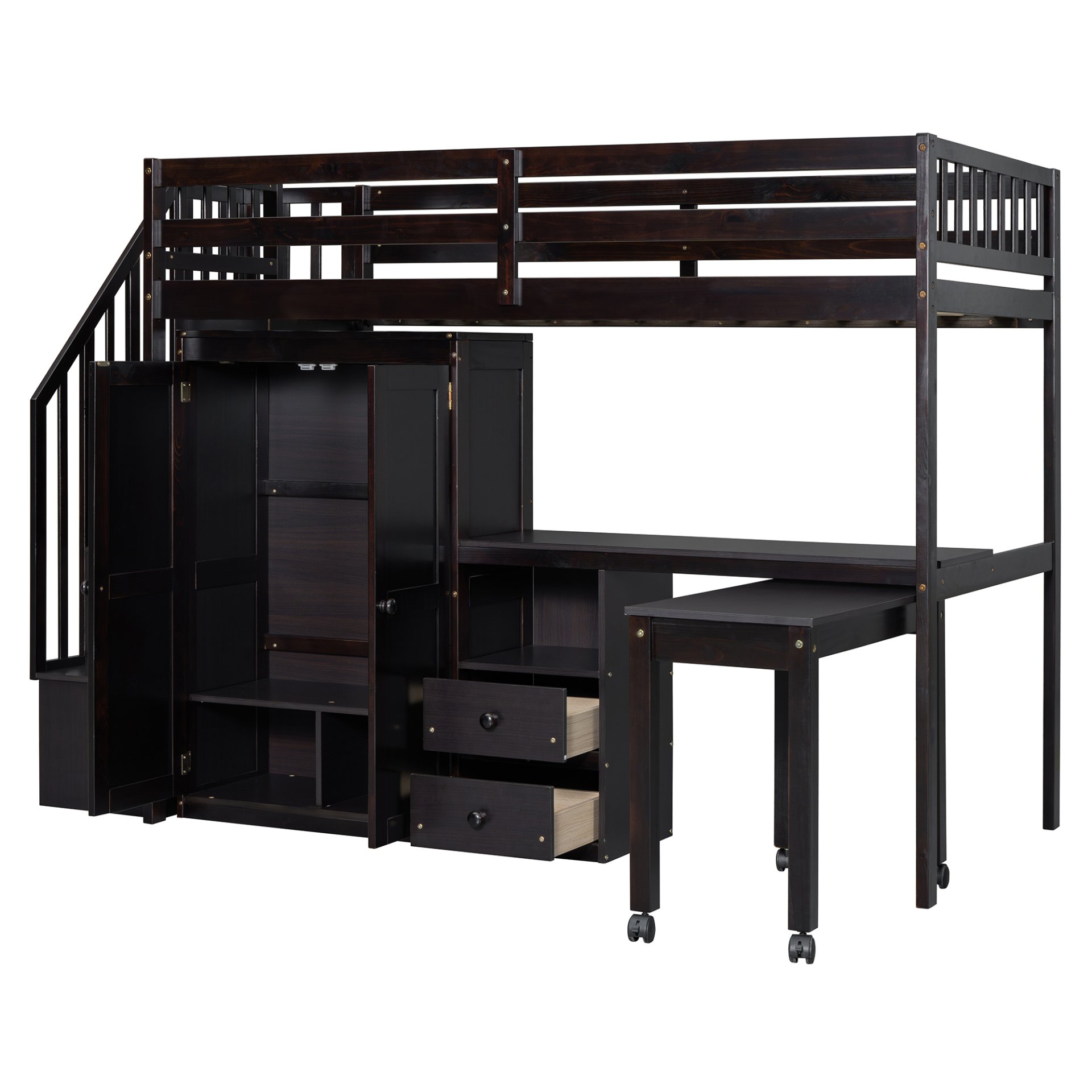 Twin Size Loft Bed With Stairs, Bookshelf, Drawers, Desk & Wardrobe, Space Saving Multifunctional Furniture - Espresso - Image 6