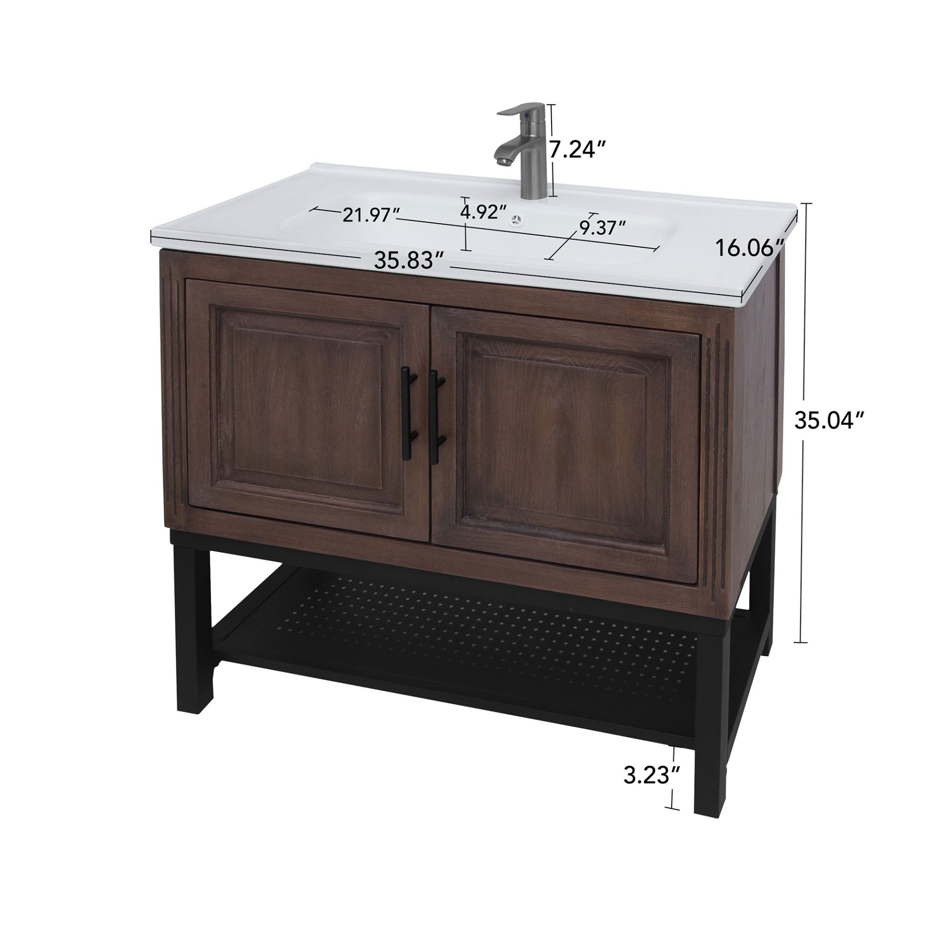 Modern Freestanding 36" Bathroom Vanity With Ceramic Sink, Hot And Cold Faucet, 2 Door Cabinet & Open Iron Shelf - Walnut - Image 3