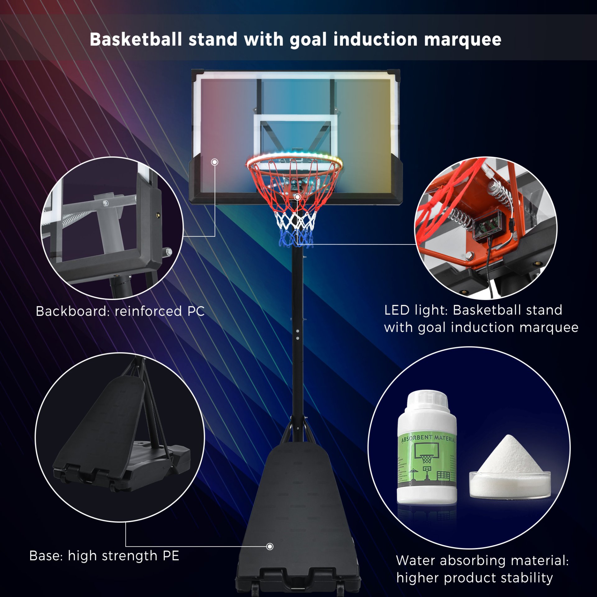 Portable Basketball Hoop Basketball System 8-10Ft Height Adjustable For Youth Adults LED Basketball Hoop Lights, Colorful Lights, Waterproof, Super Bright To Play At Night Outdoors, Good Gift For Kids - Black - Image 3