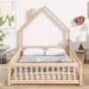 Full House-Shaped Headboard Floor Bed With Fence - Natural - Image 2