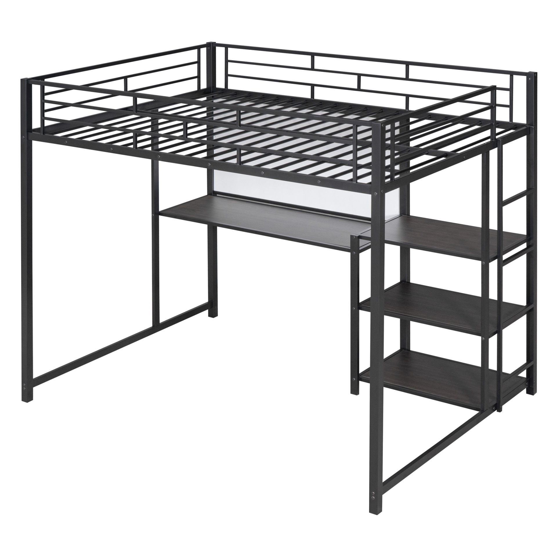 Full Size Loft Bed With Desk And Whiteboard, With 3 Shelves And Ladder - Black - Image 6