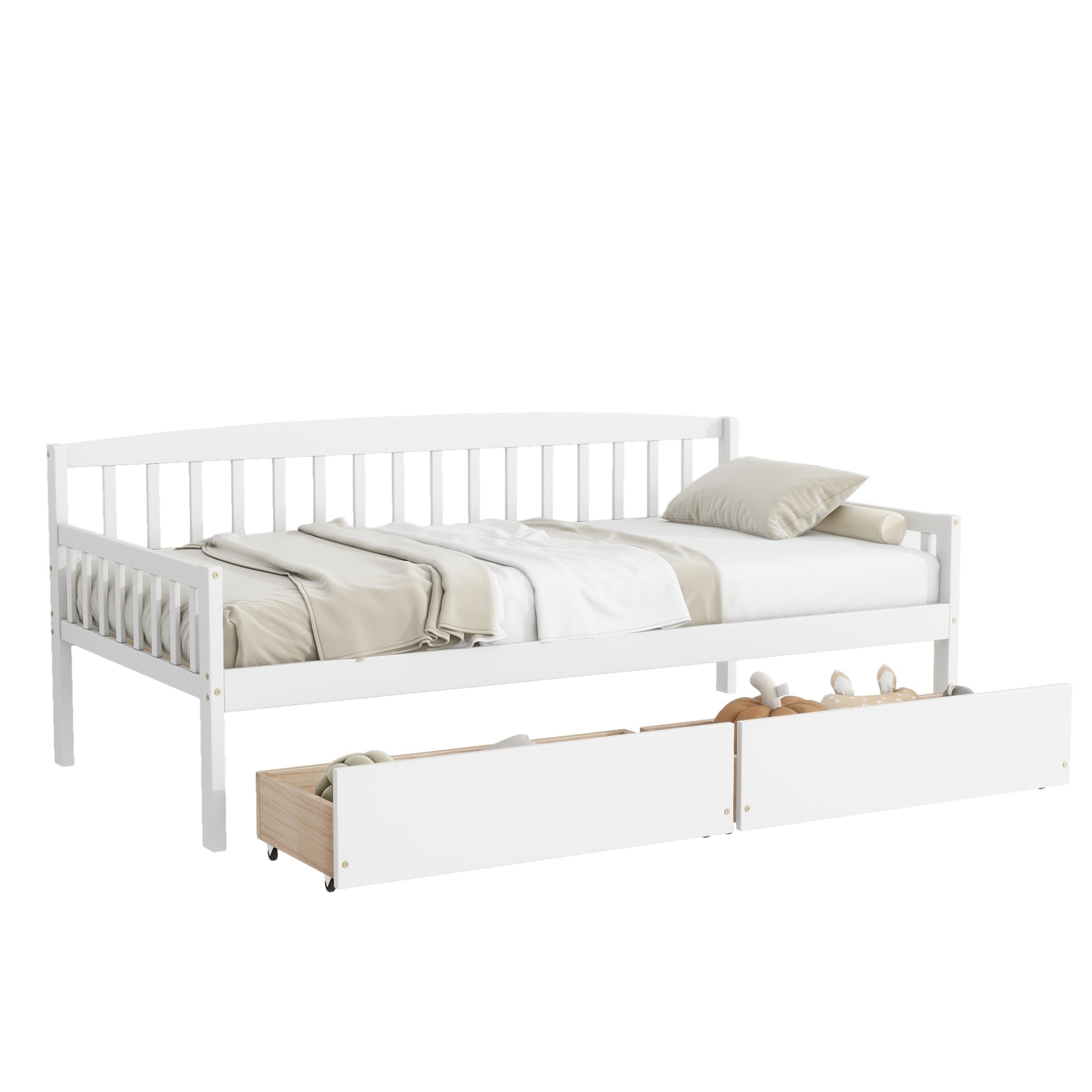 Twin Size Pine Wood Daybed With Two Storage Drawers, Sofa Bed With Bed Platform Of 10 Support Slats - White - Image 8