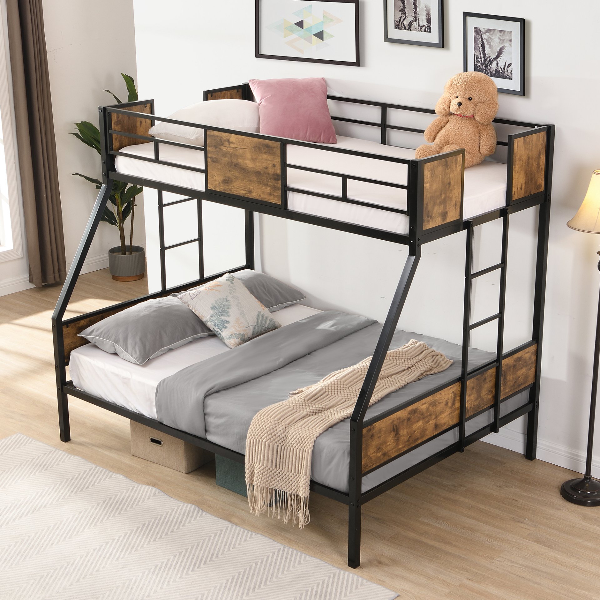 Twin Over Full Metal Bunk Bed With 2 Side Ladder, Full Length Guardrail, No Box Spring Needed - Black / Brown - Image 8