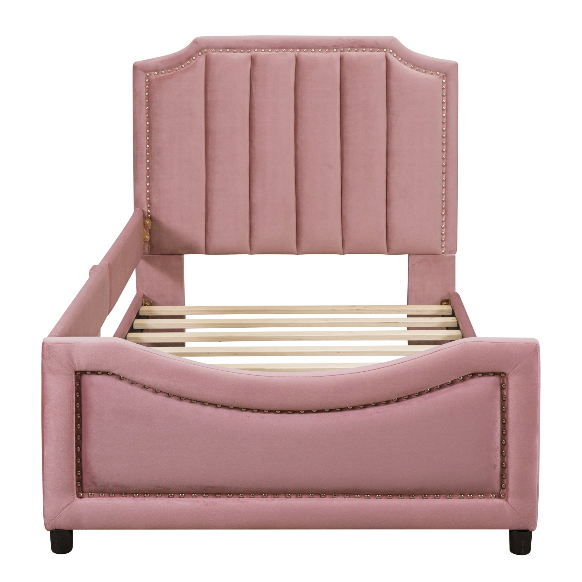 Twin Size Upholstered Daybed With Classic Stripe Shaped Headboard - Pink - Image 3