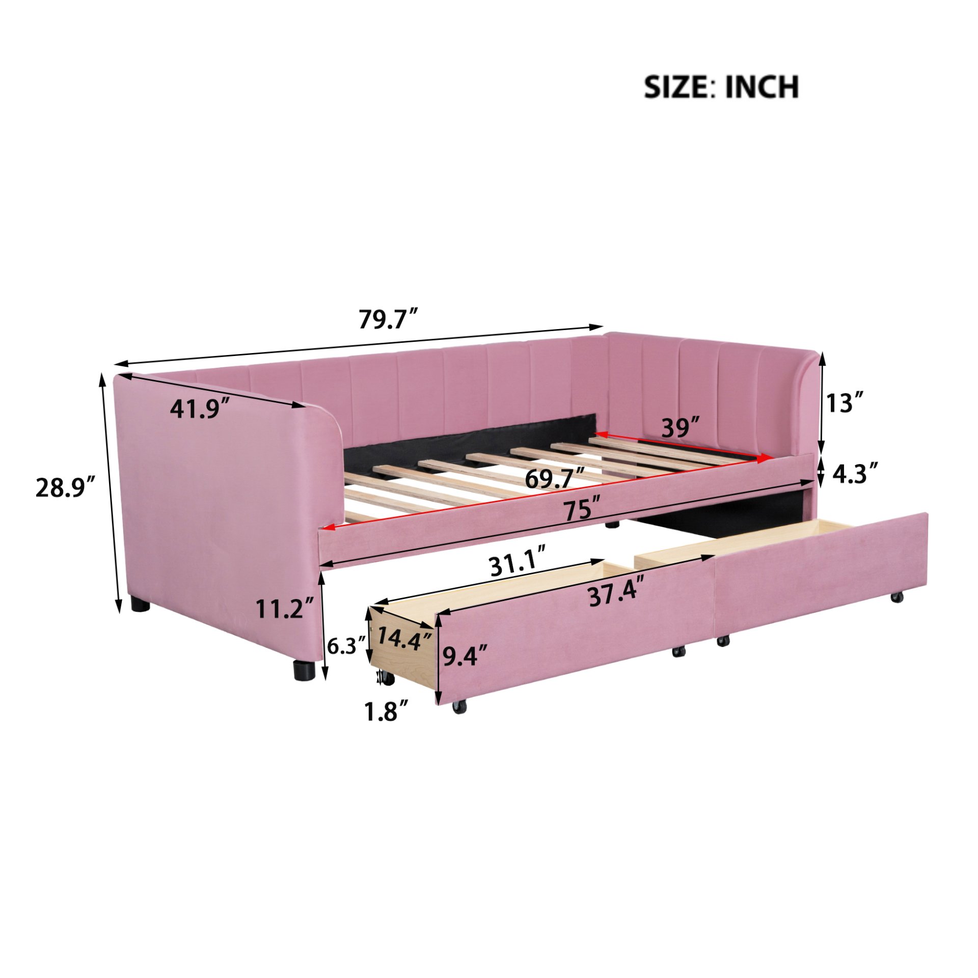 Twin Size Upholstered Daybed With Ergonomic Design Backrest And 2 Drawers - Pink - Image 7