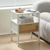 Rattan End Table With Power Outlet & USB Ports, Modern Nightstand With Drawer And Metal Legs, Side Table For Living Room, Bedroom - White - Image 2