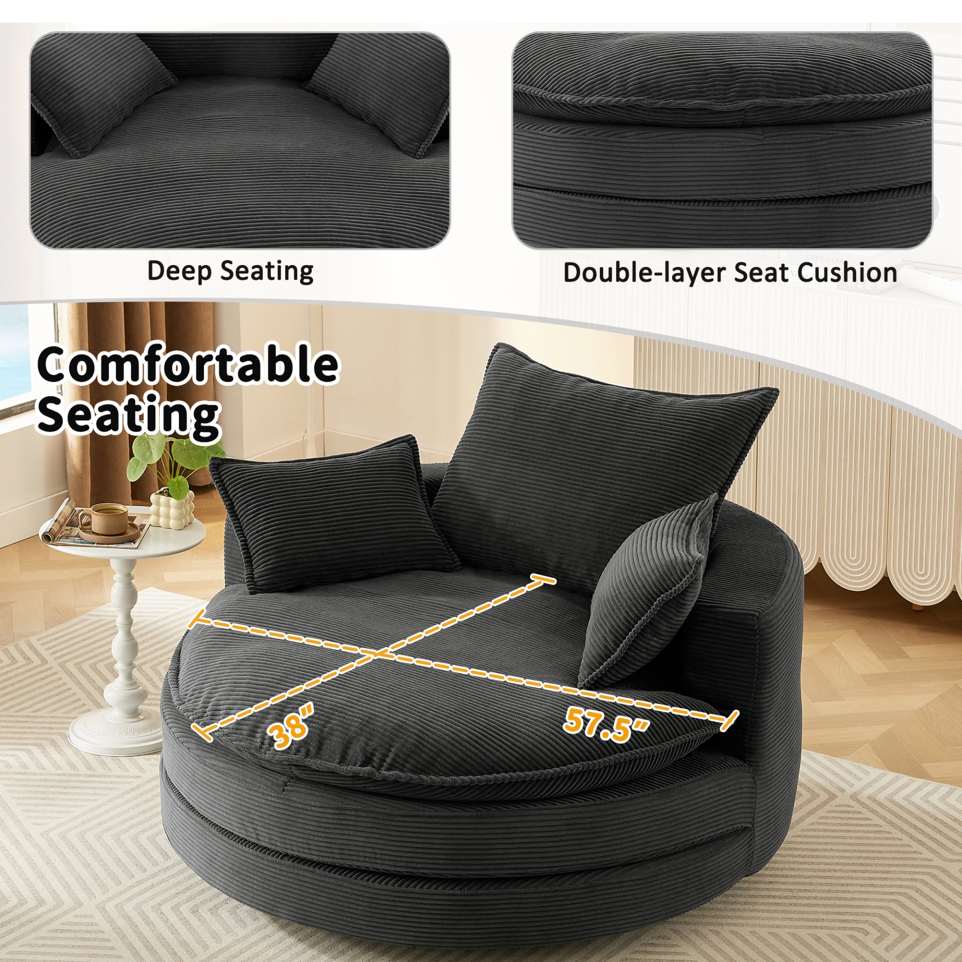 Modern 360° Swivel Sofa Chair With Dual Layer Cushion And Removable Pillows Corduroy - Black - Image 6