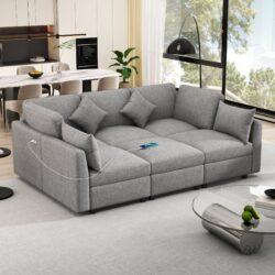 Sectional Sofa Modular Sofa U - Shaped Sofa Couch Sofa Bed L - Shaped Sofa With A Movable Ottoman And Two USB Ports For Living Room - Light Gray