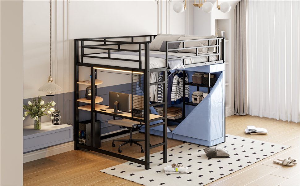 Full Size Loft Bed With Desk, Shelves, Power Outlet, LED Light And Wardrobe - Black - Image 27