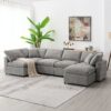 Modern Modular Cloud Sofa Bed, 6 Seat Chenille Sectional Couch Set With Ottoman, Free Combination, Convertible U Shaped Sleeper Sofa - Gray - Image 16