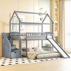 Twin Over Full Bunk Bed With Slide, House Bed With Slide - Gray
