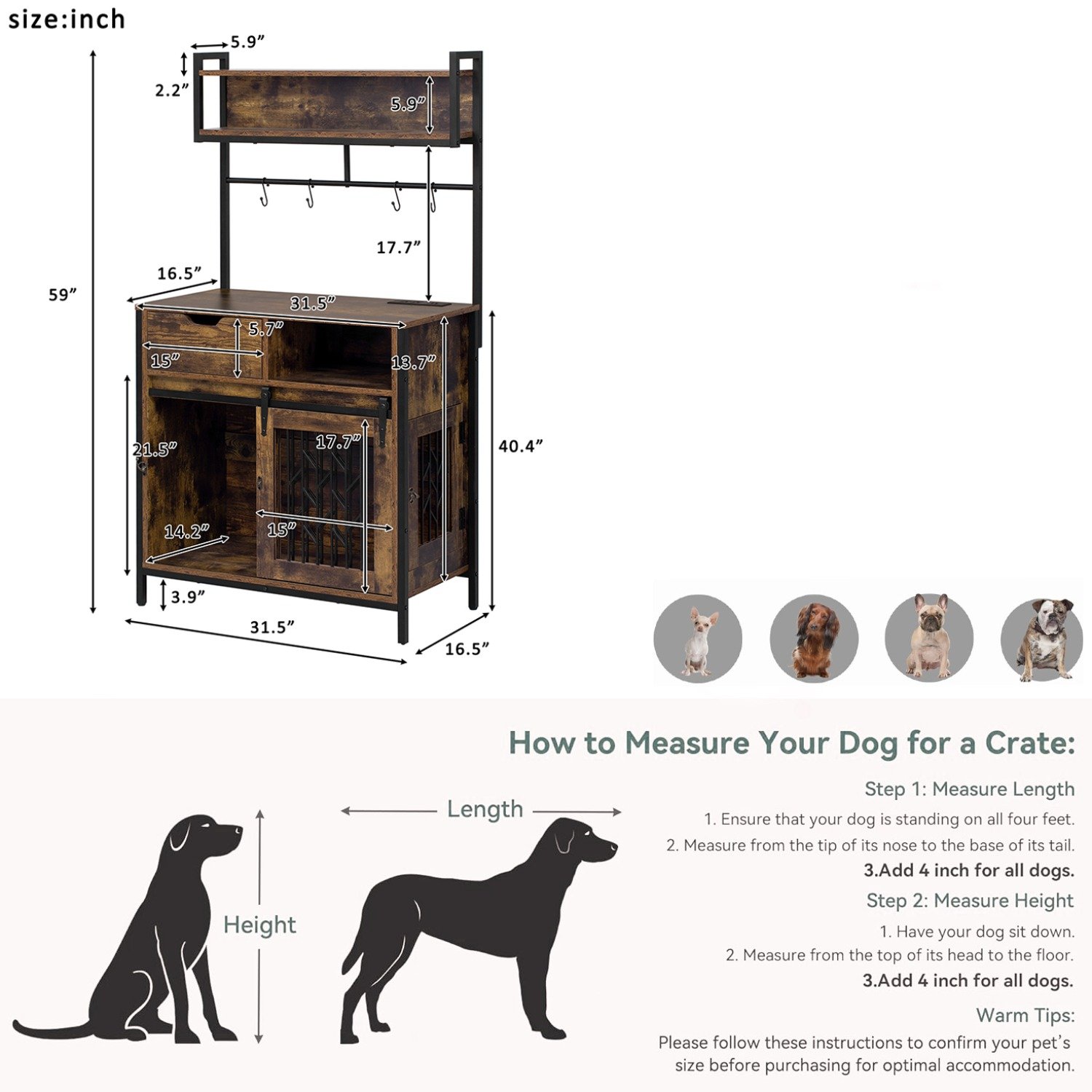 Furniture Style 2 In 1 Pet Friendly Dog Crate Composite Desk Hutch - Rustic Brown - Image 3