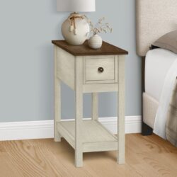 Accent End Table, 2 Tier, Narrow, Lamp, Storage Drawer, Transitional - White