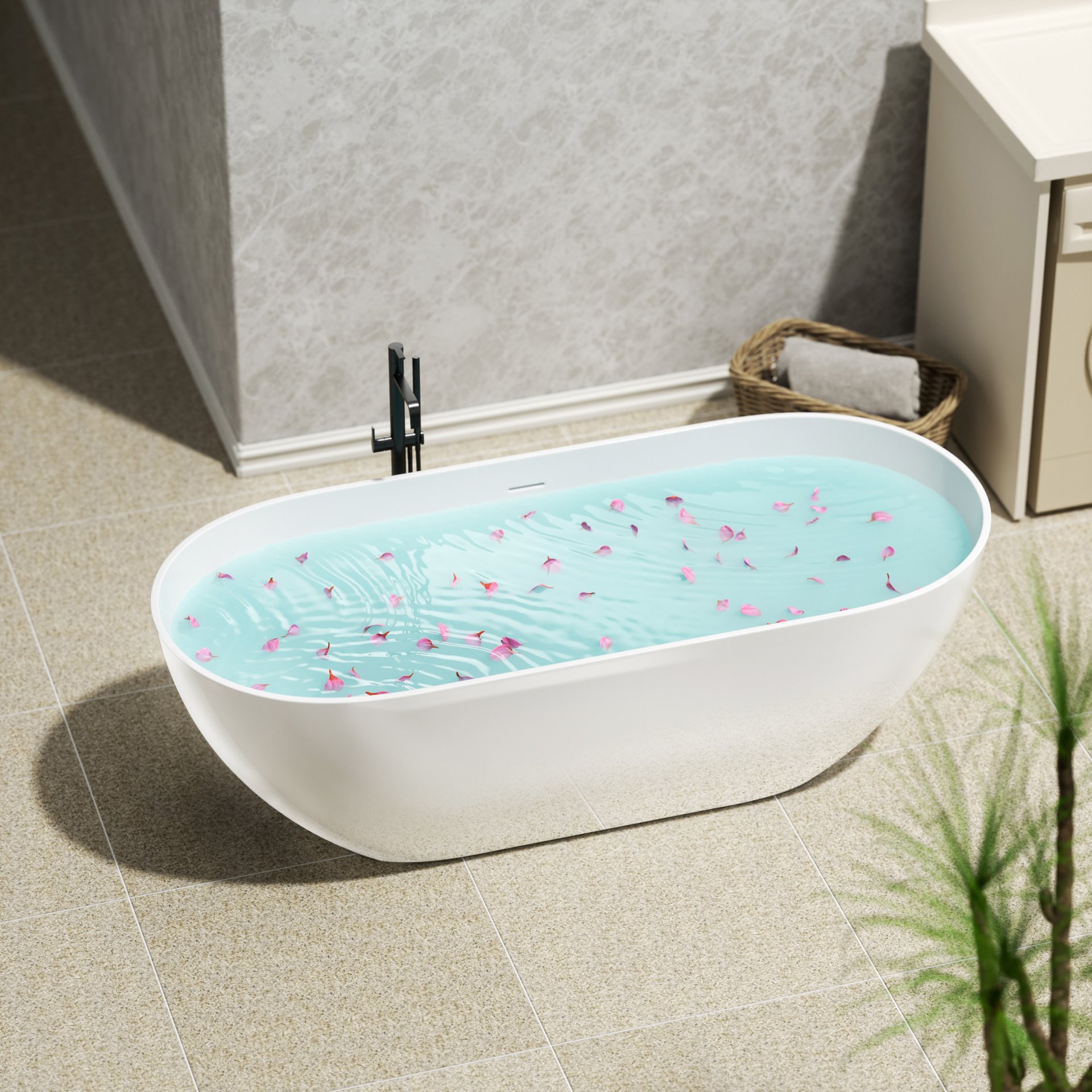 59" Freestanding Solid Surface Bathtub, Luxury Man-Made Stone Resin Freestanding Soaking Bathtub With Overflow And Pop-Up Drain For Contemporary Bathroom 22S03-59Gw - Glossy White - Image 12